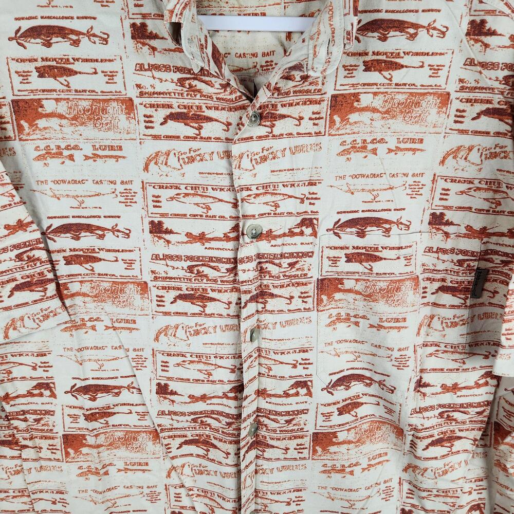 Vintage Woolrich Shirt Mens Large Beige Brown Fishing Lure Print Short Sleeve